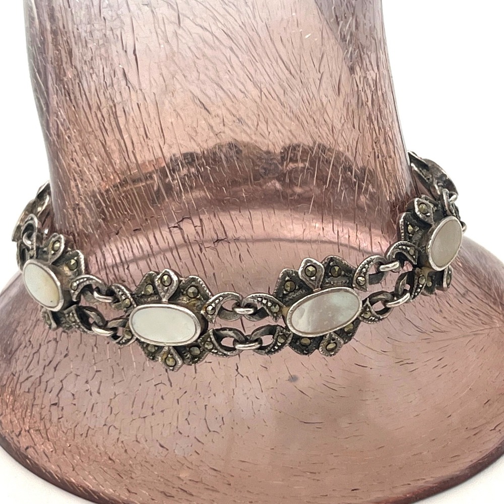 Vtg Art Deco Revival Signed CL  925 Marcasite Mother of Pearl Link Bracelet 7"